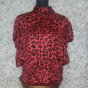 New York & Company Red Boxy Blouse with Mandarin Collar